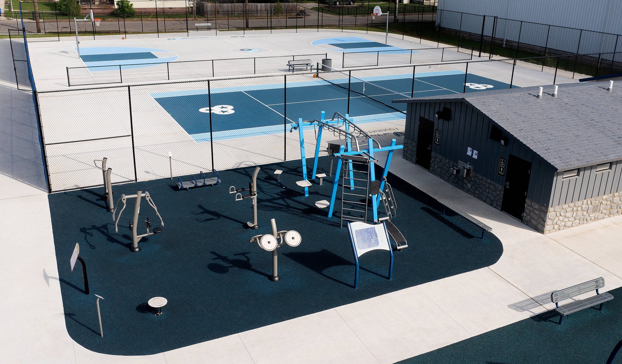 BCBS basketball court, tennis court, and outdoor fitness equipment