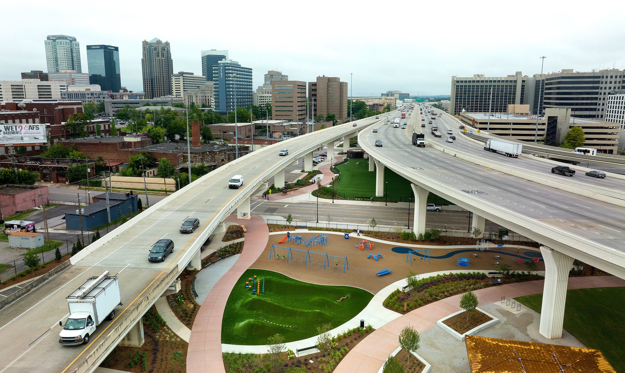 Playcore Park nestled in the heart of a city between highways