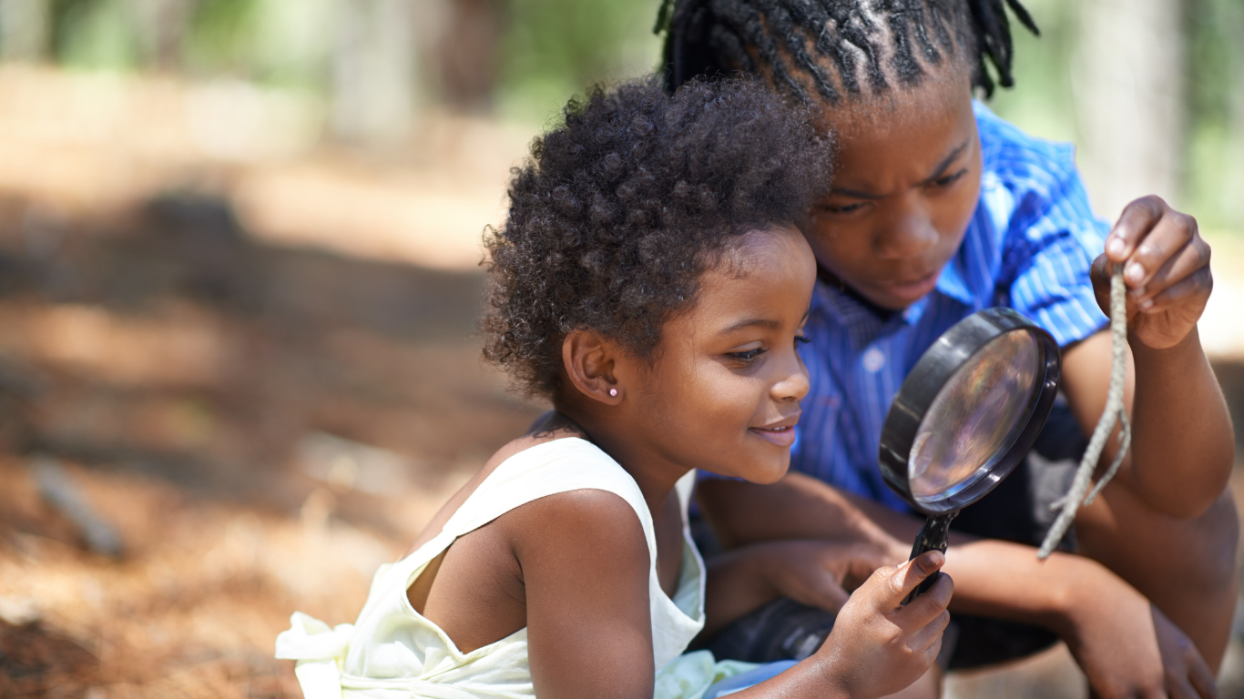 Two kids looking at stick through magnifying glass