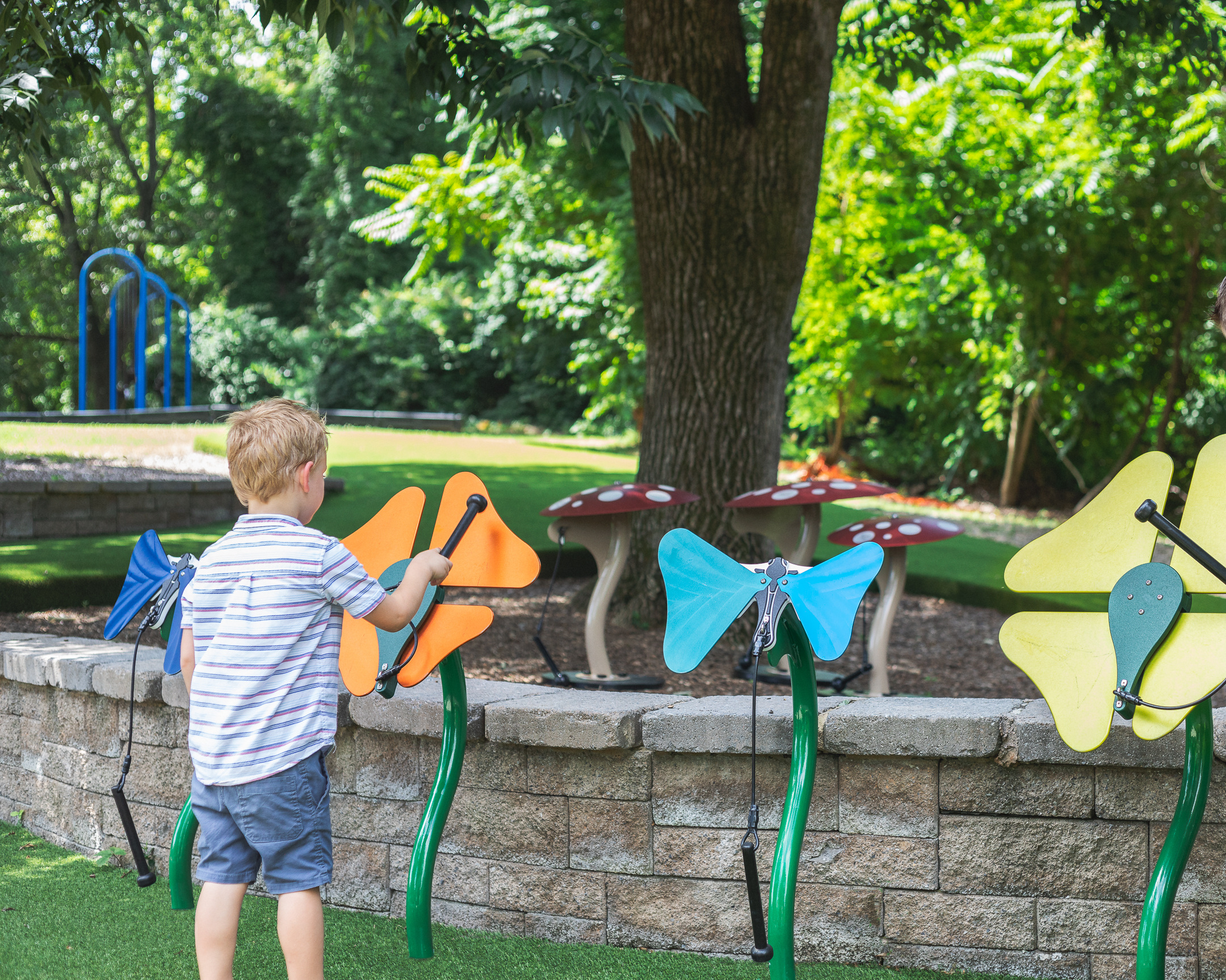 Freenotes Harmony Park little boy playing with instruments in nature