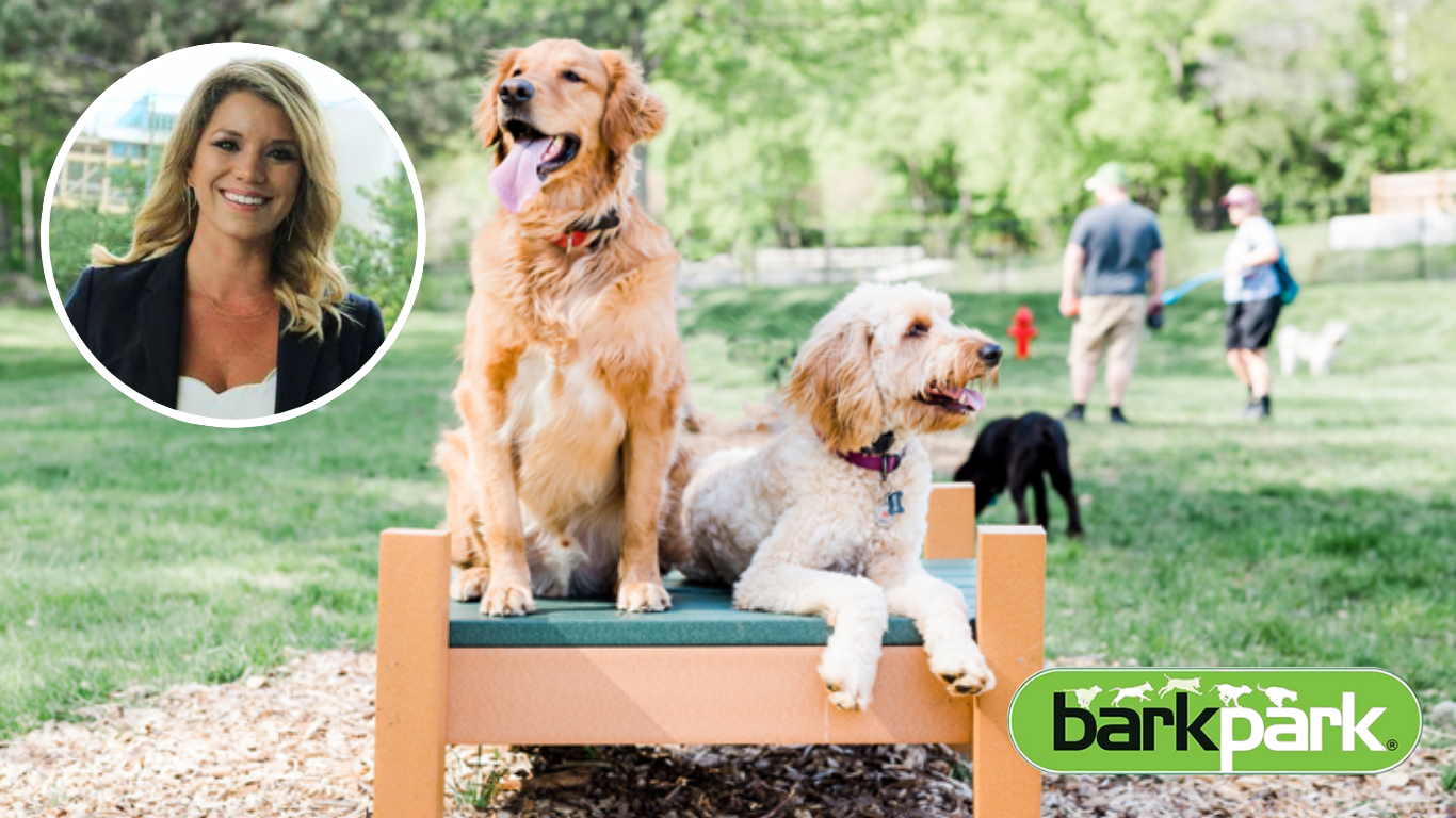 Photo of Stephanie Devine and BarkPark product with dogs and BarkPark logo Photo of Stephanie Devine and BarkPark product with dogs and BarkPark logo